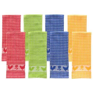 Woven Cotton Checkered Rooster Kitchen Towel Set in Red, Green, Orange & Blue
